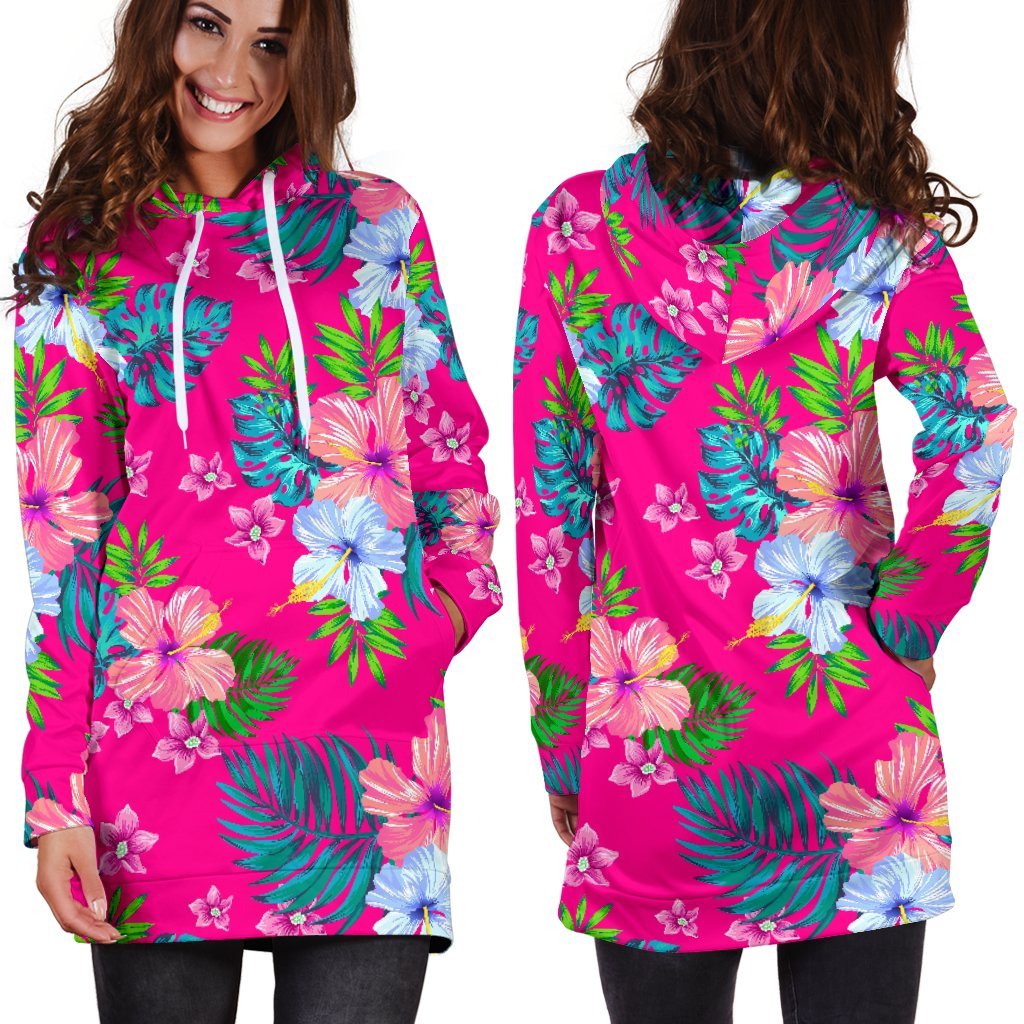Hot Pink Aloha Hibiscus Pattern Print Hoodie Dress GearFrost