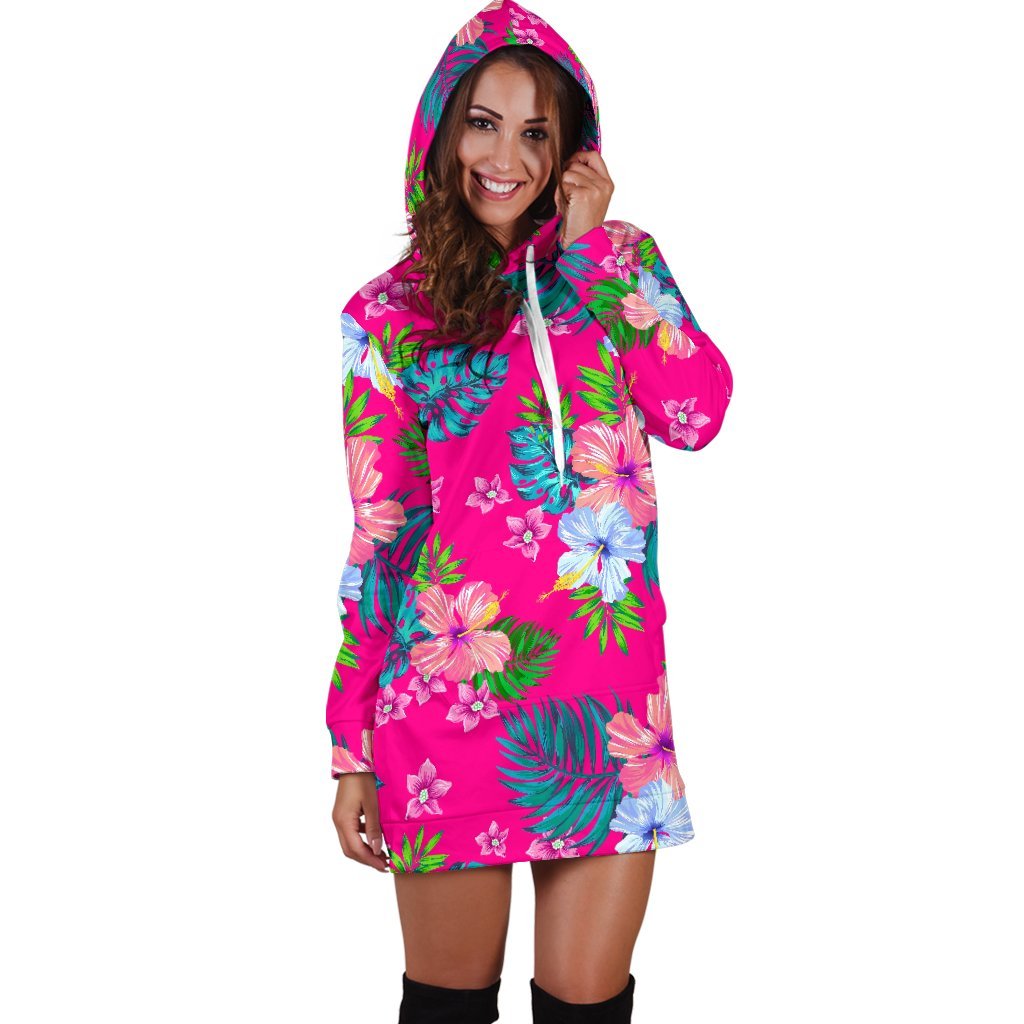 Hot Pink Aloha Hibiscus Pattern Print Hoodie Dress GearFrost