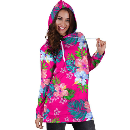 Hot Pink Aloha Hibiscus Pattern Print Hoodie Dress GearFrost