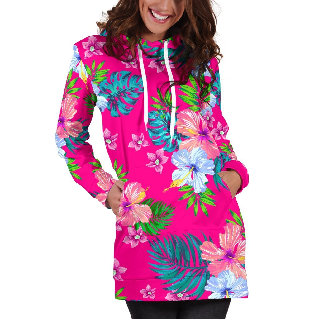 Hot Pink Aloha Hibiscus Pattern Print Hoodie Dress GearFrost