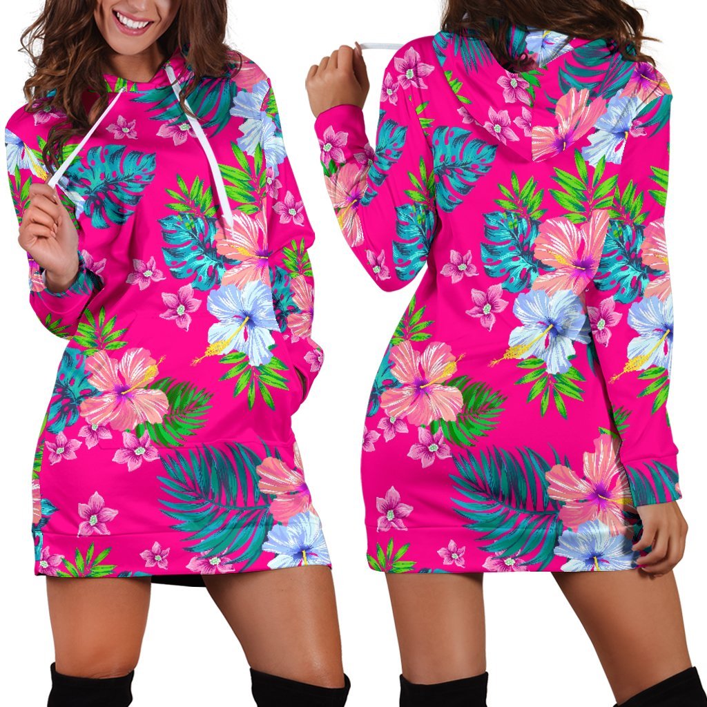 Hot Pink Aloha Hibiscus Pattern Print Hoodie Dress GearFrost