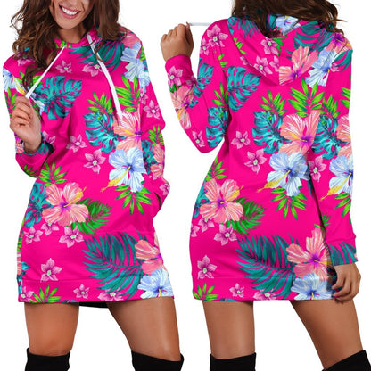 Hot Pink Aloha Hibiscus Pattern Print Hoodie Dress GearFrost