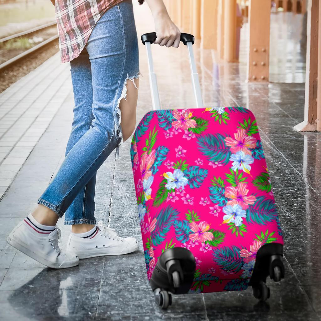 Hot Pink Aloha Hibiscus Pattern Print Luggage Cover GearFrost