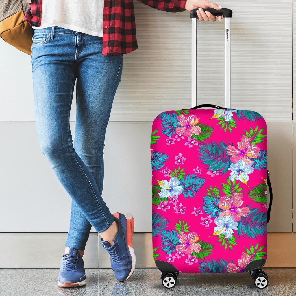 Hot Pink Aloha Hibiscus Pattern Print Luggage Cover GearFrost