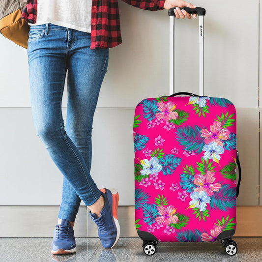 Hot Pink Aloha Hibiscus Pattern Print Luggage Cover GearFrost
