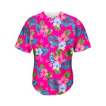 Hot Pink Aloha Hibiscus Pattern Print Men's Baseball Jersey