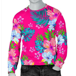 Hot Pink Aloha Hibiscus Pattern Print Men's Crewneck Sweatshirt GearFrost