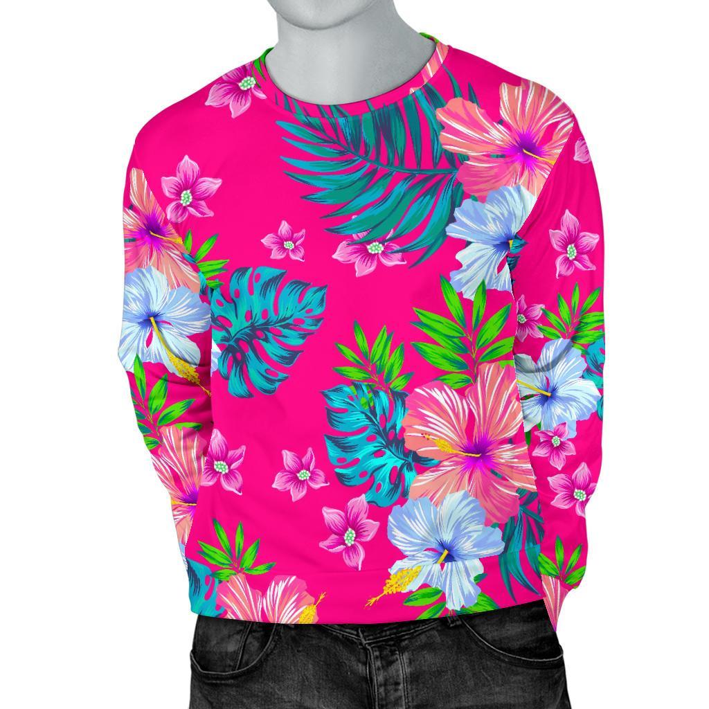 Hot Pink Aloha Hibiscus Pattern Print Men's Crewneck Sweatshirt GearFrost