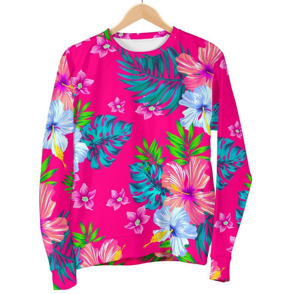 Hot Pink Aloha Hibiscus Pattern Print Men's Crewneck Sweatshirt GearFrost