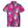 Hot Pink Aloha Hibiscus Pattern Print Men's Short Sleeve Shirt