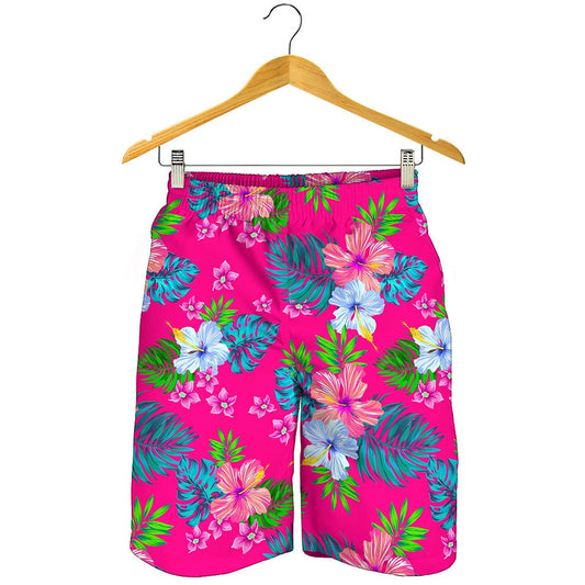 Hot Pink Aloha Hibiscus Pattern Print Men's Shorts