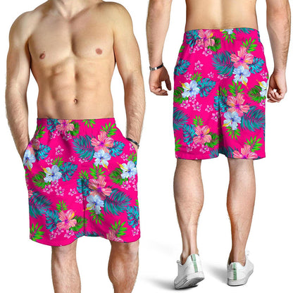 Hot Pink Aloha Hibiscus Pattern Print Men's Shorts