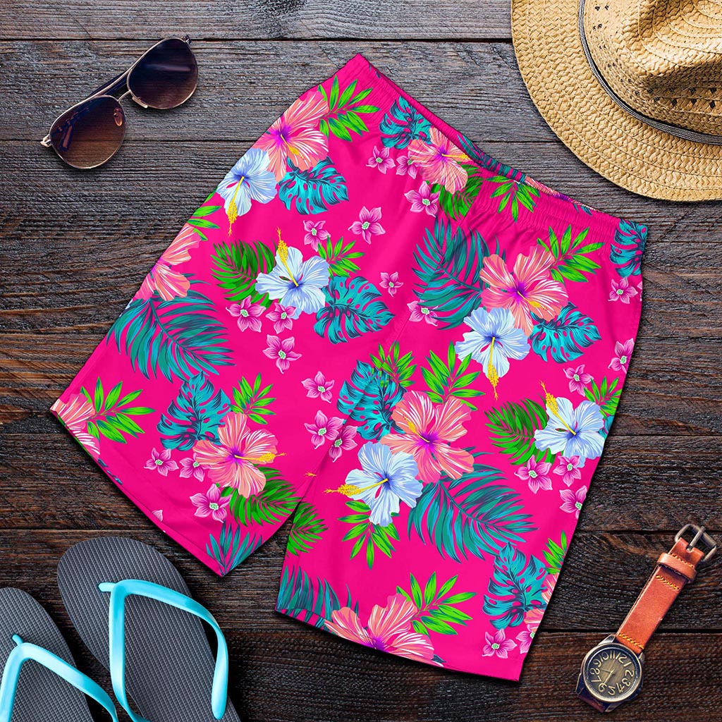 Hot Pink Aloha Hibiscus Pattern Print Men's Shorts