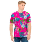 Hot Pink Aloha Hibiscus Pattern Print Men's T-Shirt