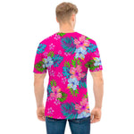 Hot Pink Aloha Hibiscus Pattern Print Men's T-Shirt