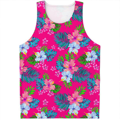 Hot Pink Aloha Hibiscus Pattern Print Men's Tank Top