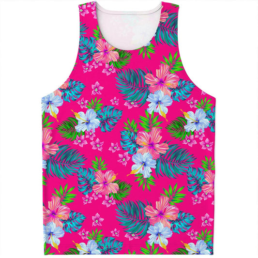 Hot Pink Aloha Hibiscus Pattern Print Men's Tank Top