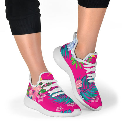 Hot Pink Aloha Hibiscus Pattern Print Mesh Knit Shoes GearFrost