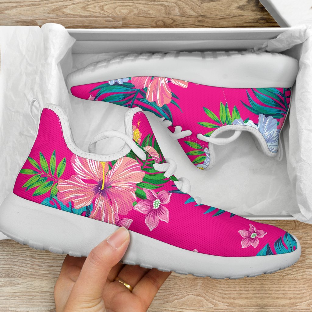 Hot Pink Aloha Hibiscus Pattern Print Mesh Knit Shoes GearFrost