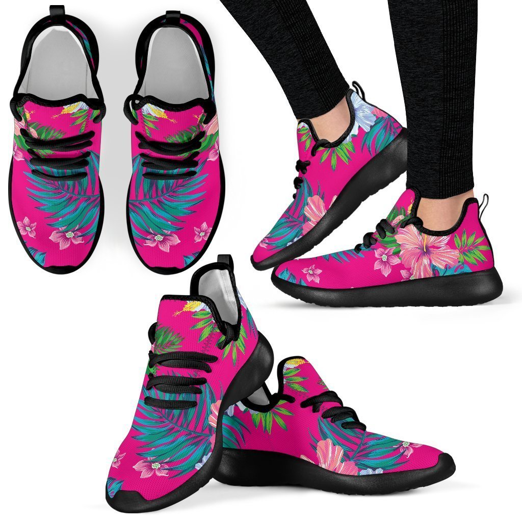 Hot Pink Aloha Hibiscus Pattern Print Mesh Knit Shoes GearFrost