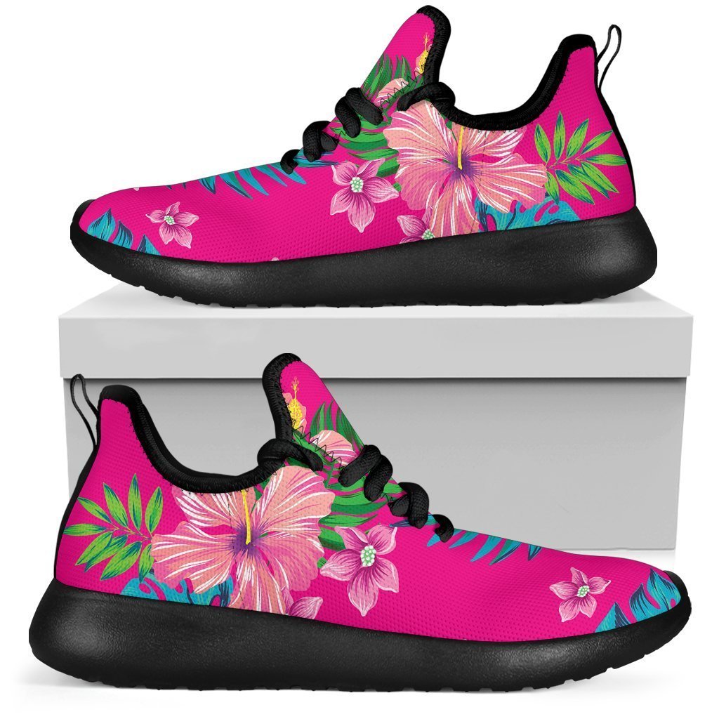 Hot Pink Aloha Hibiscus Pattern Print Mesh Knit Shoes GearFrost