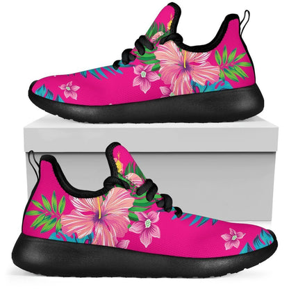 Hot Pink Aloha Hibiscus Pattern Print Mesh Knit Shoes GearFrost