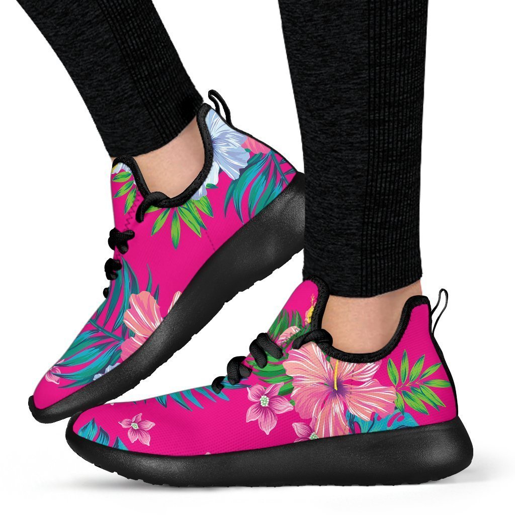 Hot Pink Aloha Hibiscus Pattern Print Mesh Knit Shoes GearFrost