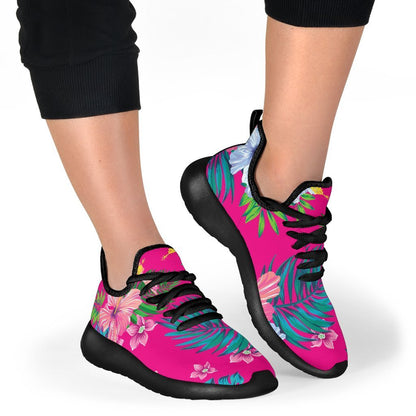 Hot Pink Aloha Hibiscus Pattern Print Mesh Knit Shoes GearFrost