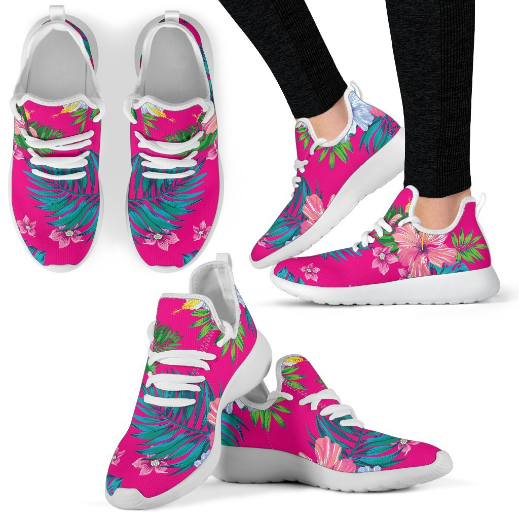 Hot Pink Aloha Hibiscus Pattern Print Mesh Knit Shoes GearFrost