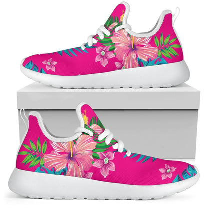 Hot Pink Aloha Hibiscus Pattern Print Mesh Knit Shoes GearFrost