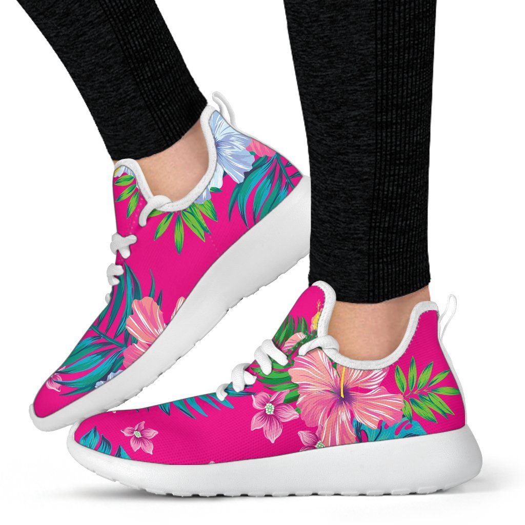 Hot Pink Aloha Hibiscus Pattern Print Mesh Knit Shoes GearFrost