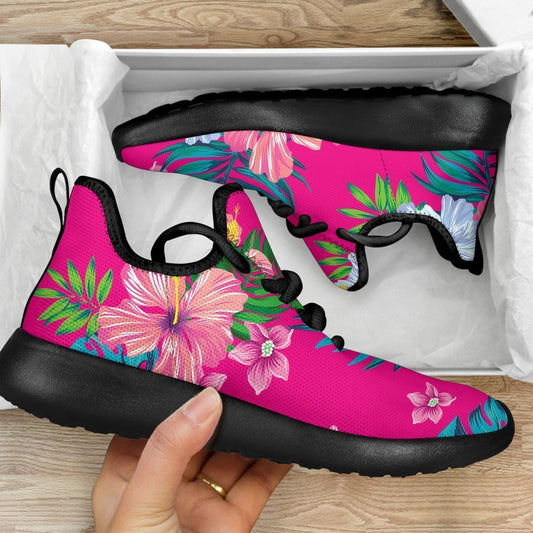 Hot Pink Aloha Hibiscus Pattern Print Mesh Knit Shoes GearFrost