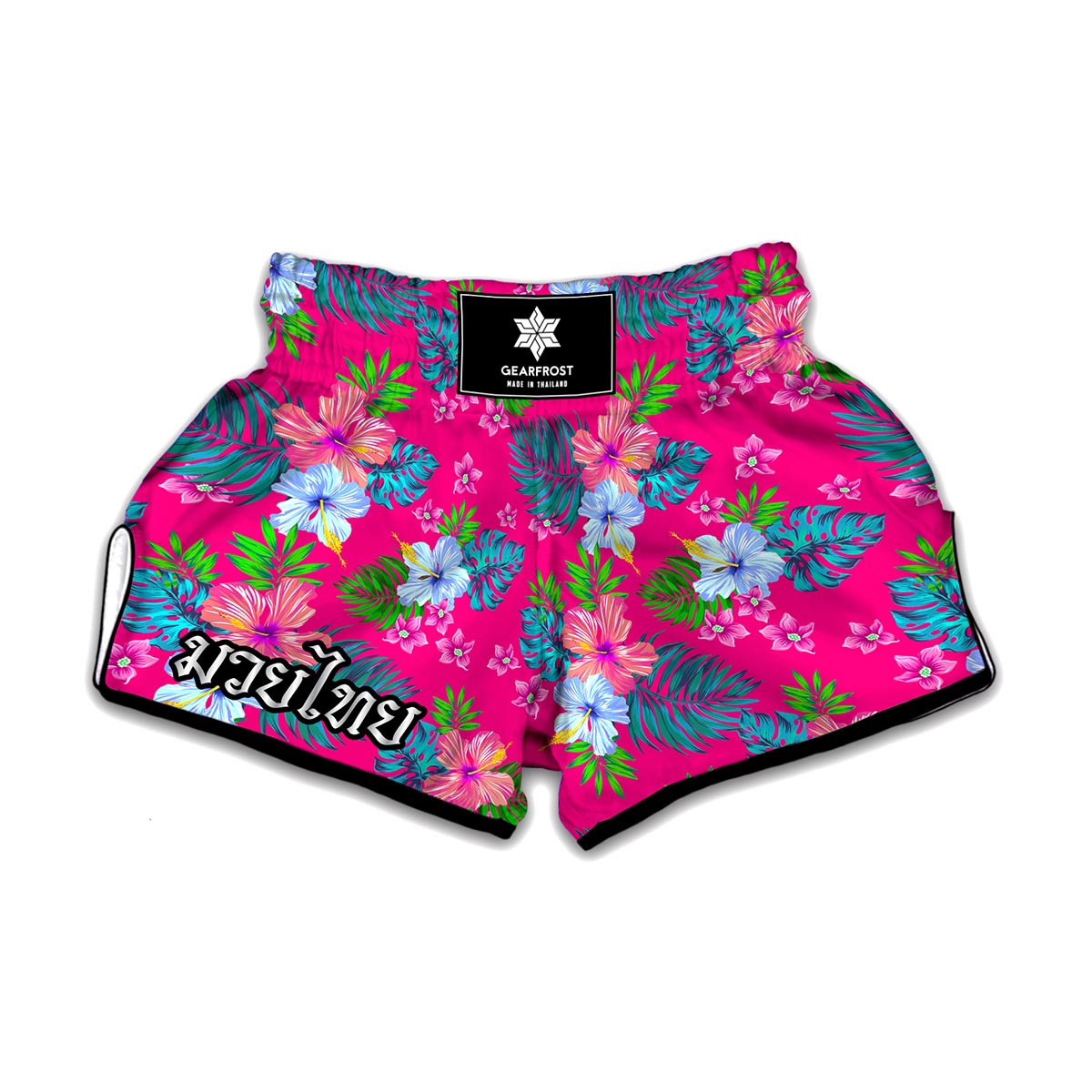 Hot Pink Aloha Hibiscus Pattern Print Muay Thai Boxing Shorts
