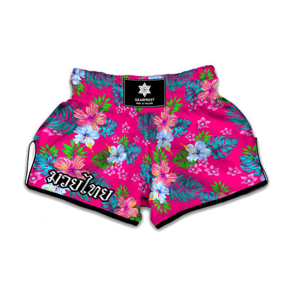 Hot Pink Aloha Hibiscus Pattern Print Muay Thai Boxing Shorts