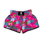 Hot Pink Aloha Hibiscus Pattern Print Muay Thai Boxing Shorts