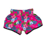 Hot Pink Aloha Hibiscus Pattern Print Muay Thai Boxing Shorts