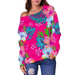 Hot Pink Aloha Hibiscus Pattern Print Off Shoulder Sweatshirt GearFrost