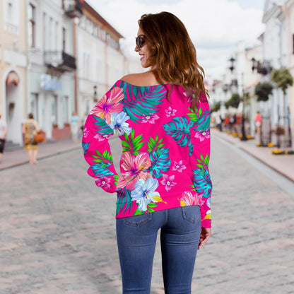 Hot Pink Aloha Hibiscus Pattern Print Off Shoulder Sweatshirt GearFrost