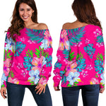 Hot Pink Aloha Hibiscus Pattern Print Off Shoulder Sweatshirt GearFrost