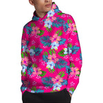 Hot Pink Aloha Hibiscus Pattern Print Pullover Hoodie