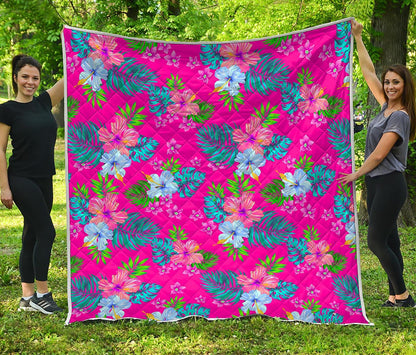 Hot Pink Aloha Hibiscus Pattern Print Quilt
