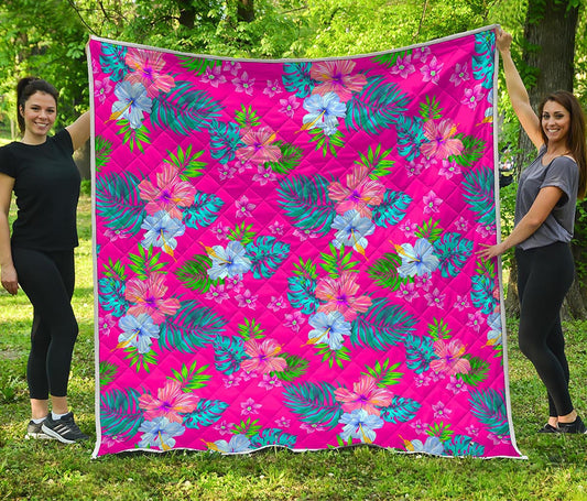 Hot Pink Aloha Hibiscus Pattern Print Quilt