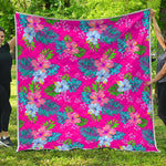 Hot Pink Aloha Hibiscus Pattern Print Quilt