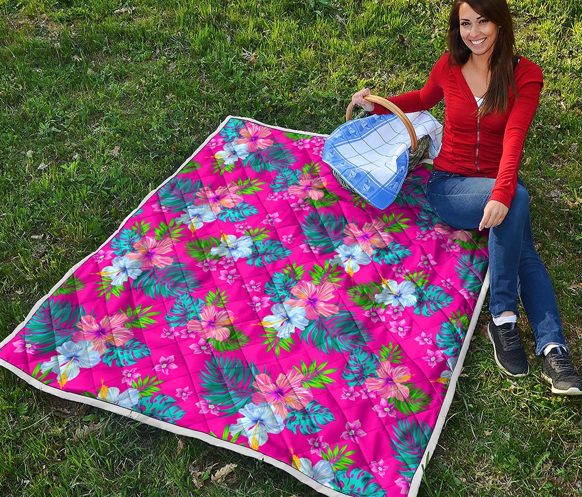 Hot Pink Aloha Hibiscus Pattern Print Quilt