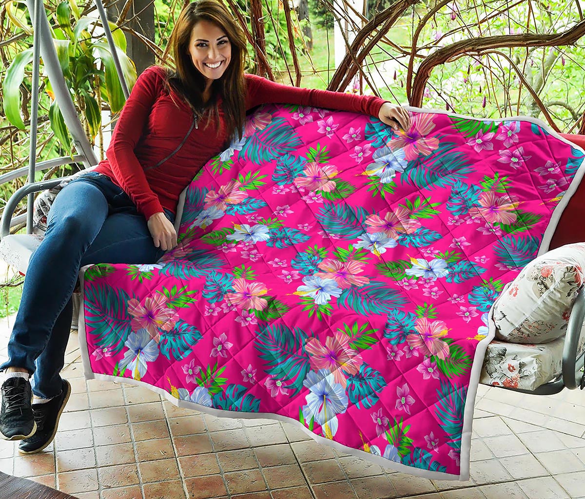 Hot Pink Aloha Hibiscus Pattern Print Quilt
