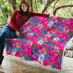 Hot Pink Aloha Hibiscus Pattern Print Quilt