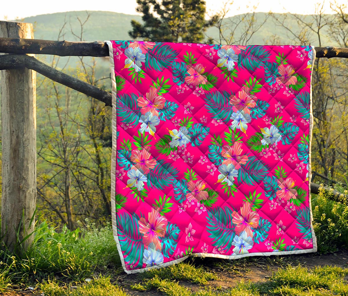 Hot Pink Aloha Hibiscus Pattern Print Quilt