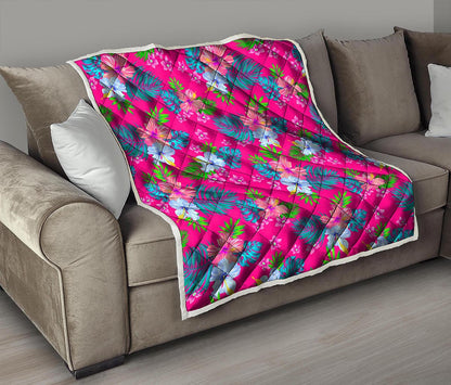Hot Pink Aloha Hibiscus Pattern Print Quilt