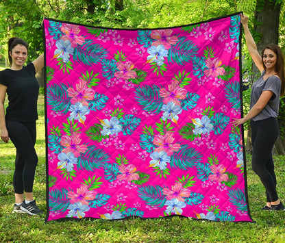 Hot Pink Aloha Hibiscus Pattern Print Quilt