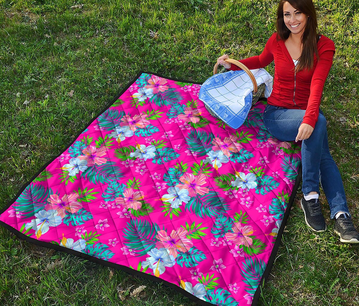 Hot Pink Aloha Hibiscus Pattern Print Quilt